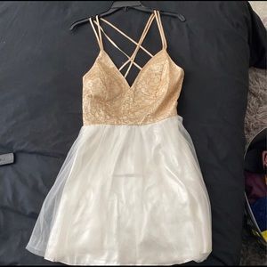 white and gold fit and flare formal dress